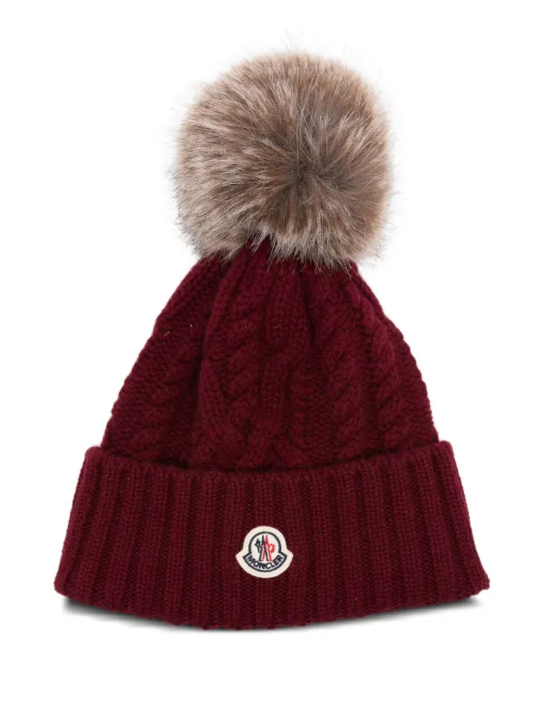 Moncler cable-knit pom-pom Beanie Hat Red FARFETCH