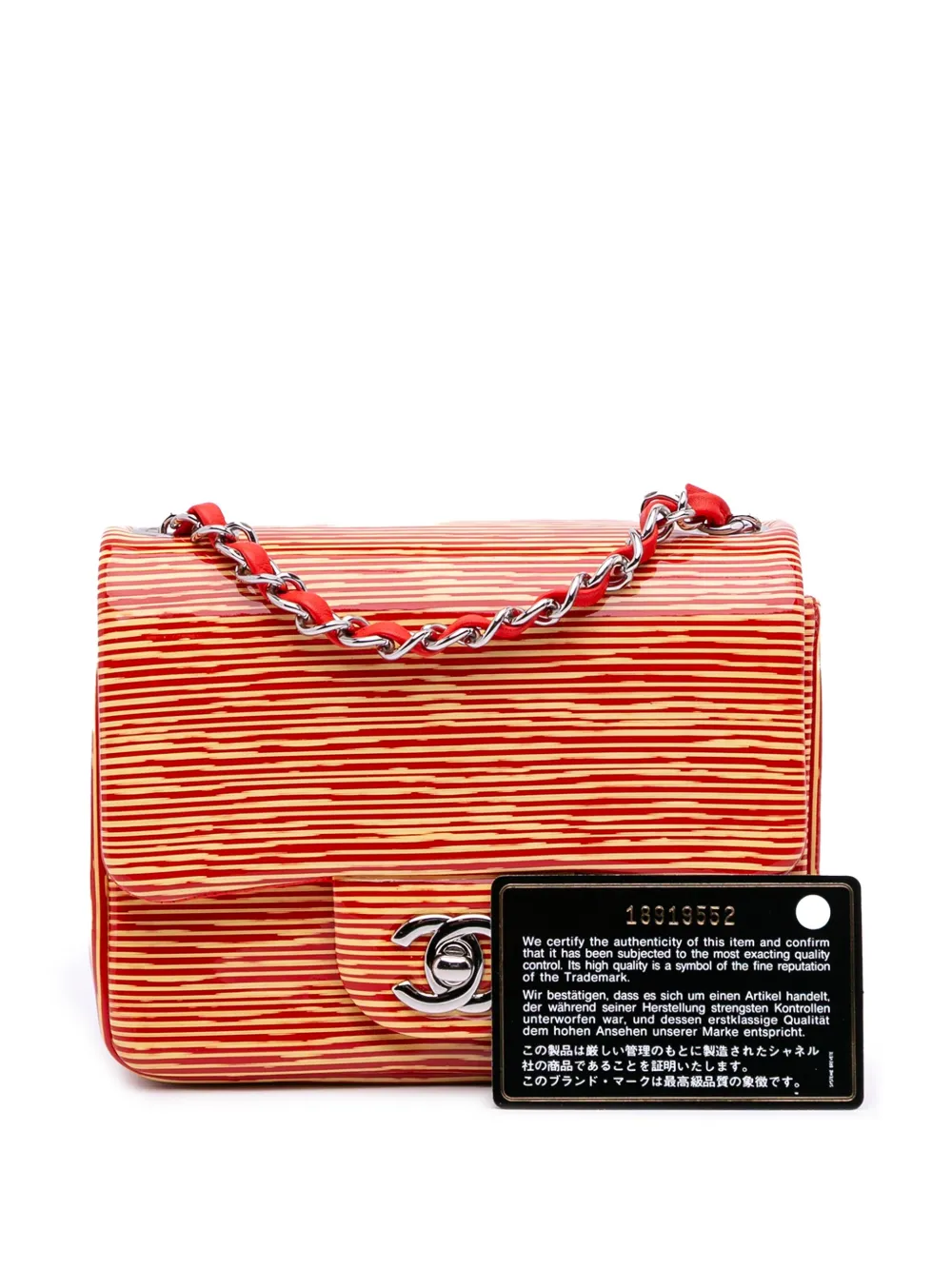 Pre-owned Chanel 2013-2014 Mini Square Classic Patent Striped Single Flap Crossbody Bag In Orange