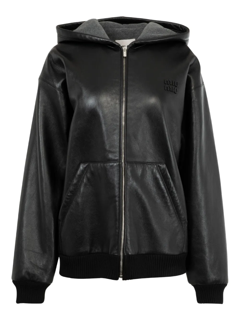 Miu Miu Hooded Leather Jacket In Black