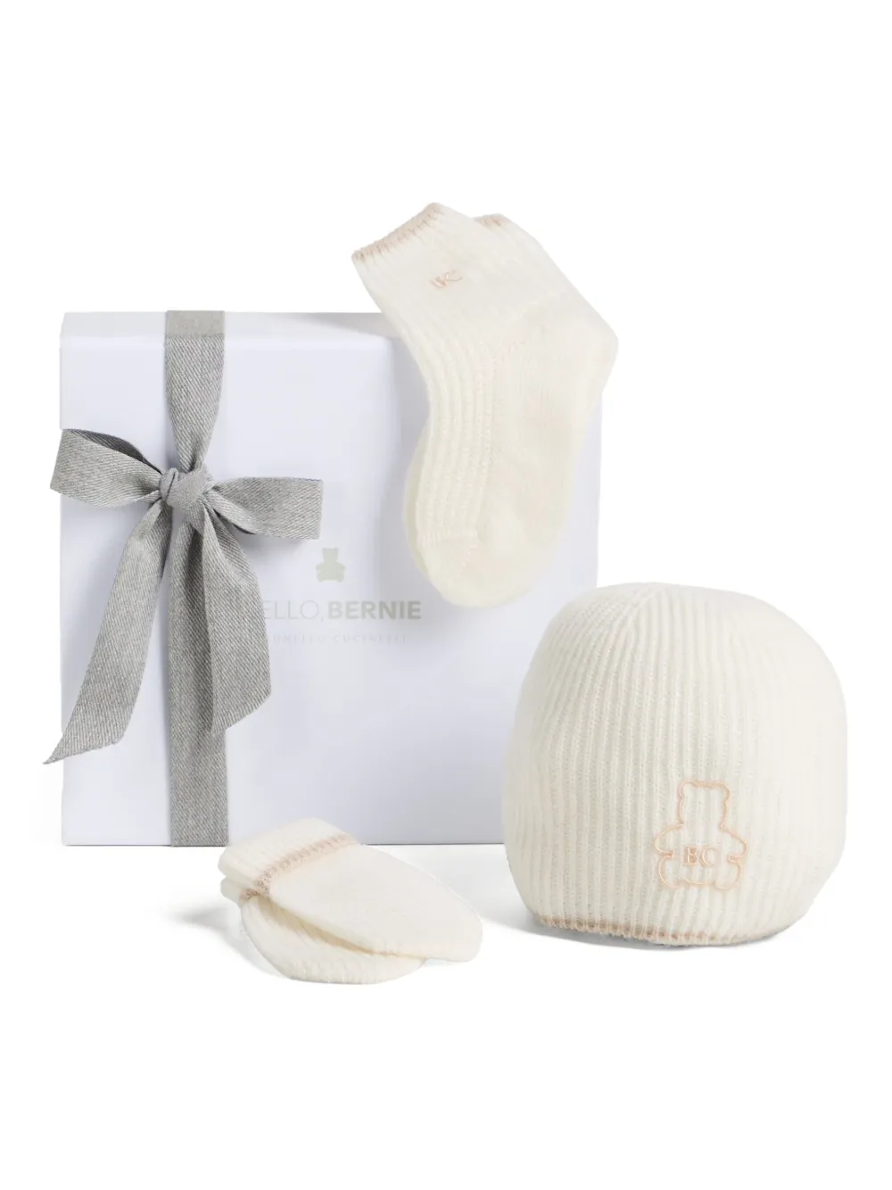 Brunello Cucinelli Ribbed Teddy-embroidered Hat Set In Neutral