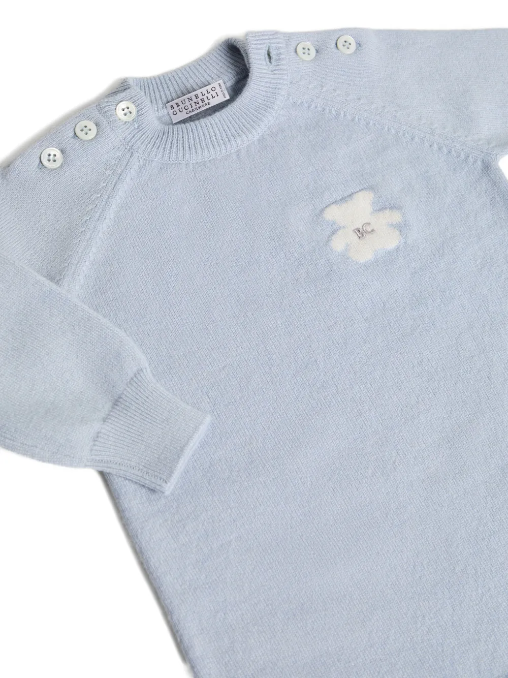 Brunello Cucinelli Kids Kasjmier overall met teddybeer-applicatie Blauw