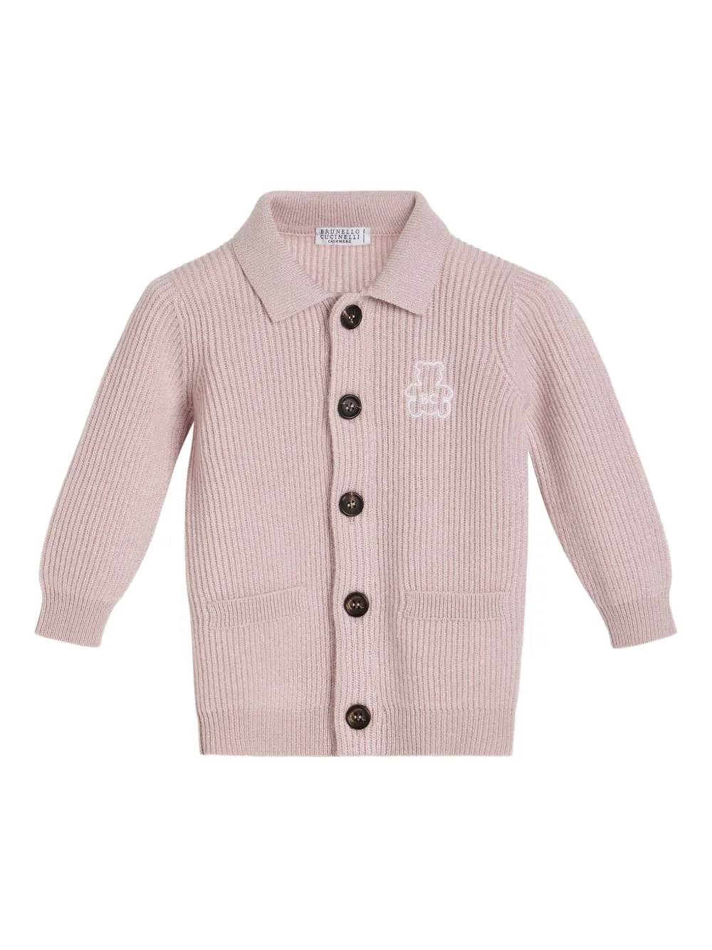 Brunello Cucinelli Kids ribbed-knit bear-embroidered cardigan - Rosa