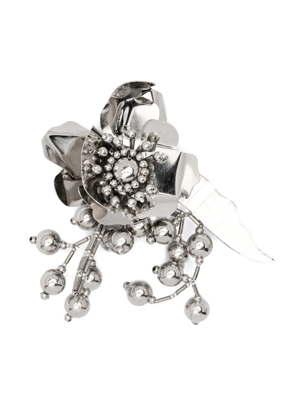 N°21 Flower-embellished Beaded Brooch In Silver