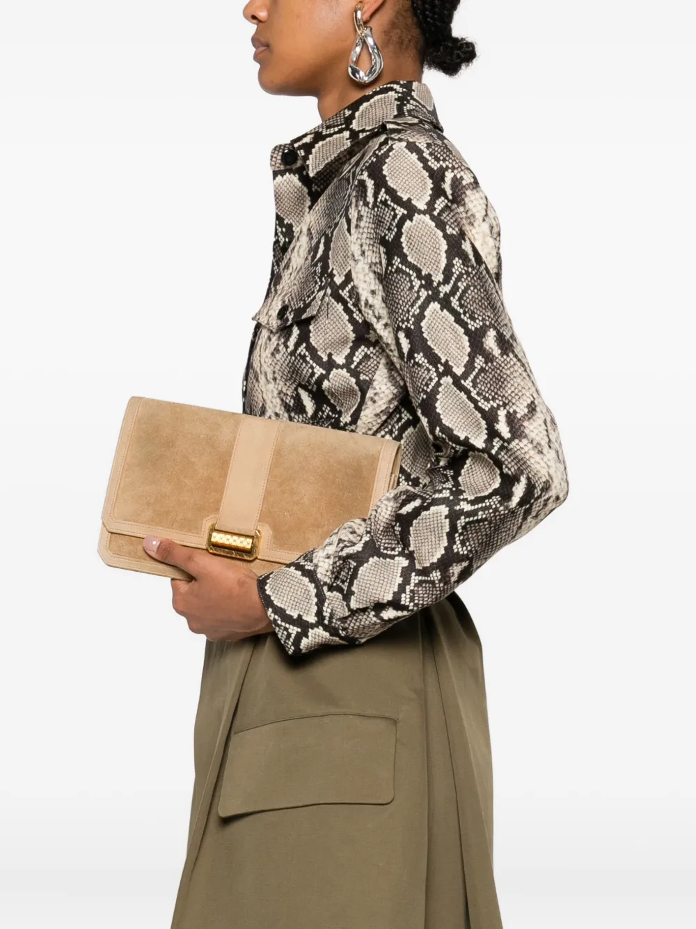 Pre-owned Hermes Suede Panel Clutch In Neutral