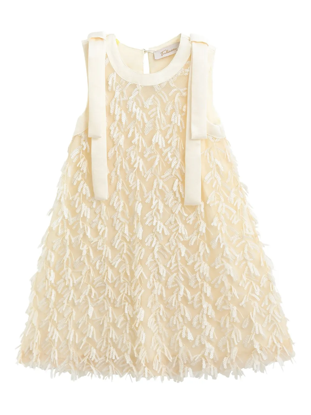 Tulleen bow-shoulder fringe-detailed dress CHAMPAGNE