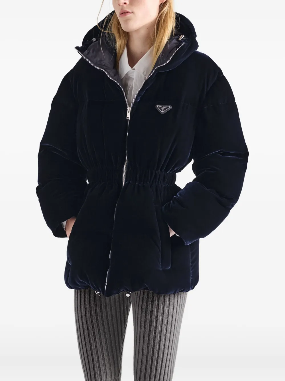 Prada Velvet Hooded Puffer Jacket In Blue