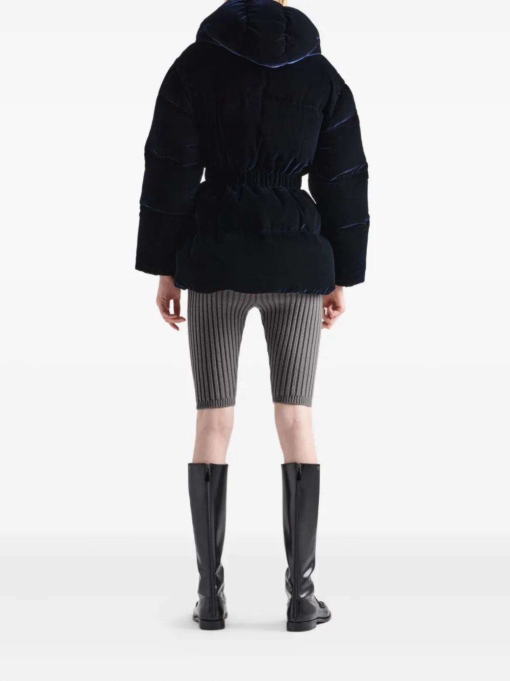 Prada Velvet Hooded Puffer Jacket In Blue