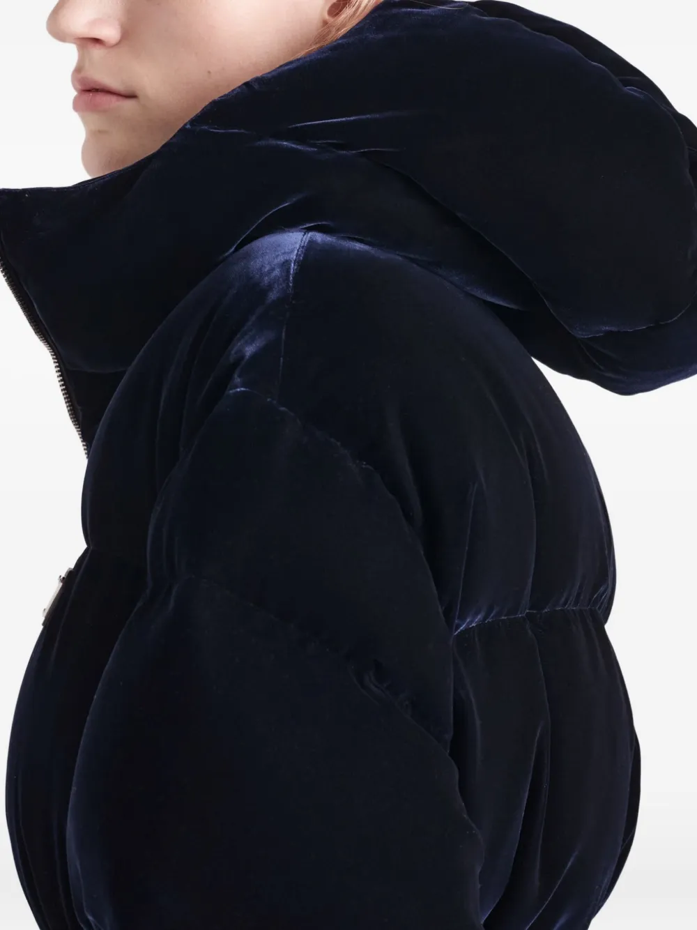 Prada Velvet Hooded Puffer Jacket In Blue