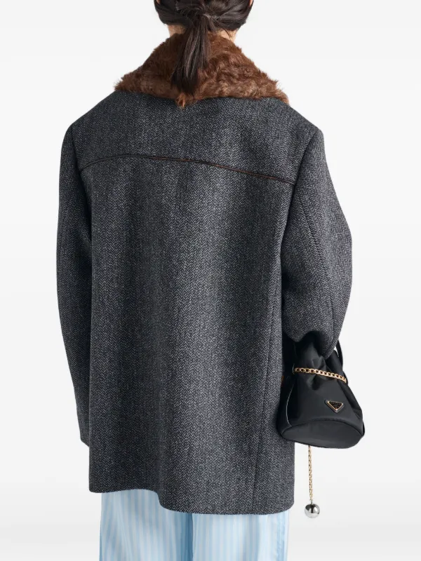 Prada Herringbone shearling-collar Coat | Grey | FARFETCH