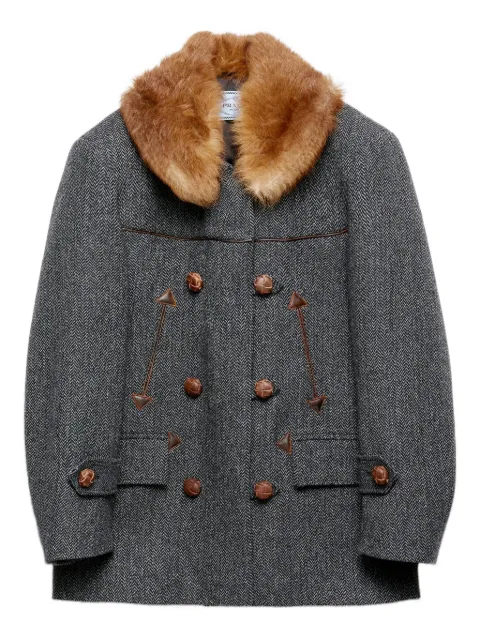 Prada Fischgräten-Mantel mit Pelzkragen