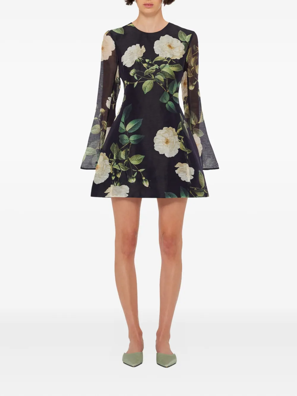 Leo Lin floral-print bell-sleeve mini dress - Zwart