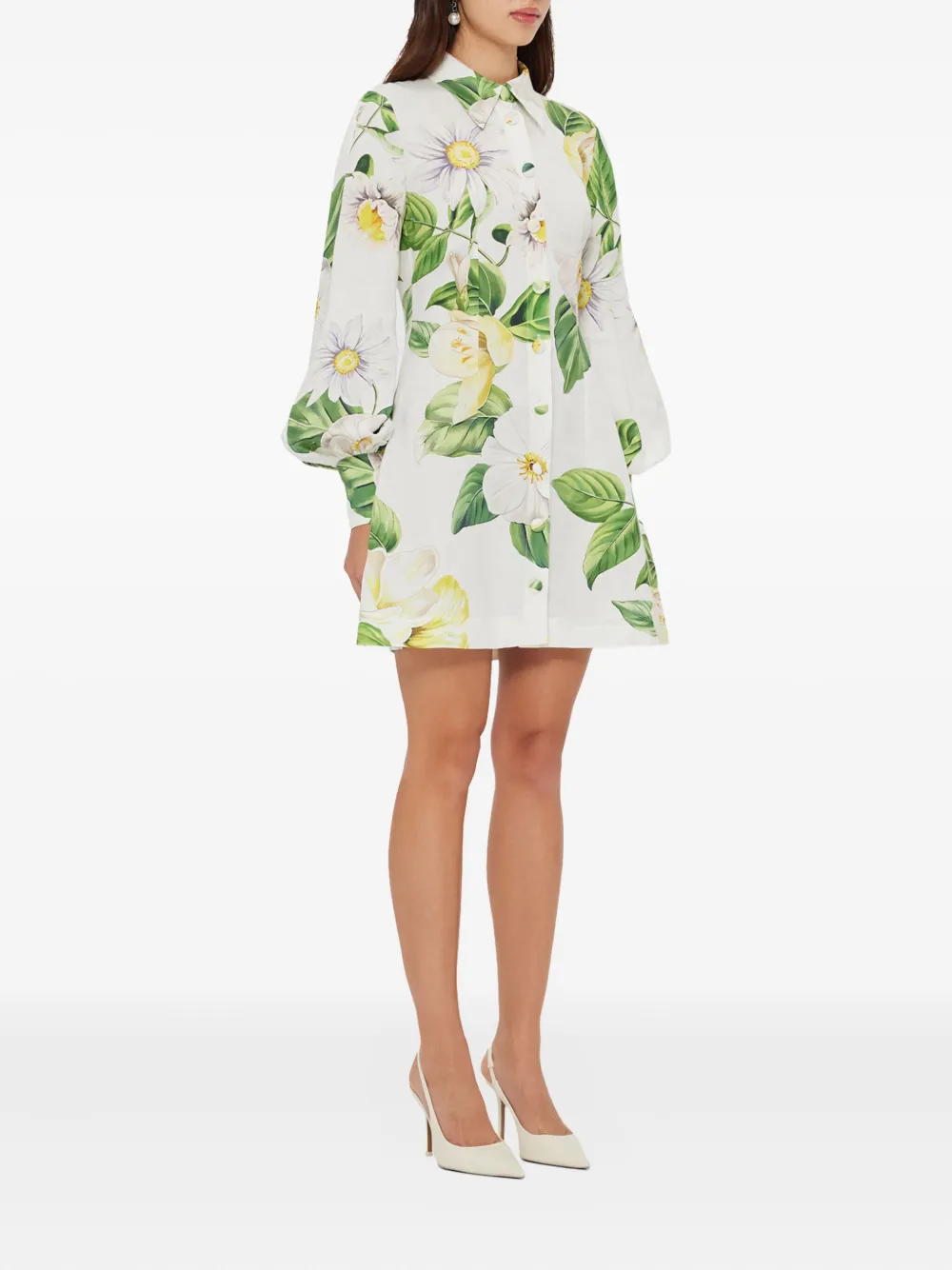 Leo Lin balloon-sleeve floral-print mini shirt dress - Wit