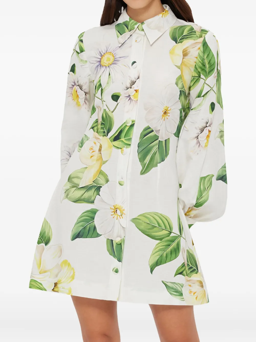 Leo Lin Balloon-sleeve Floral-print Mini Shirt Dress In Green