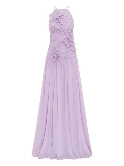 Leo Lin pleated-detail floral-appliqué maxi dress