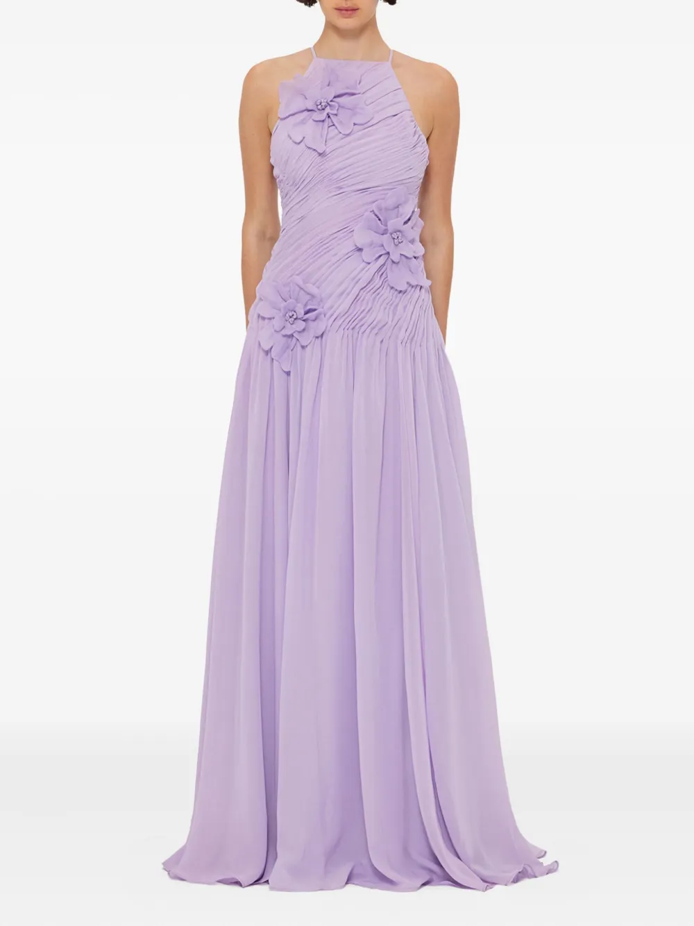 Leo Lin pleated-detail floral-appliqué maxi dress - Paars