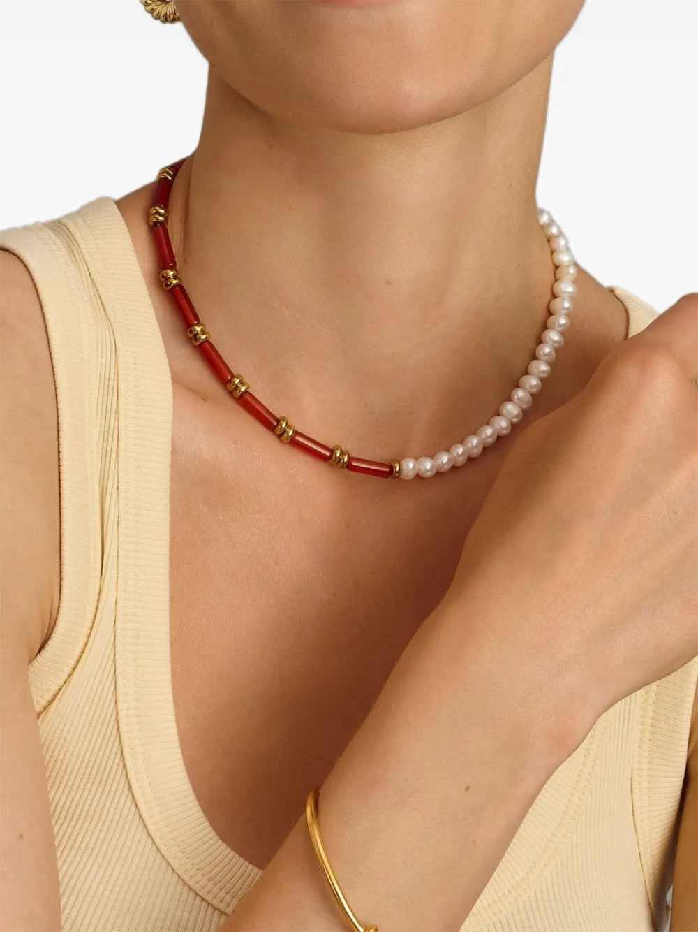 Nialaya Jewelry pearl agate choker necklace - Wit