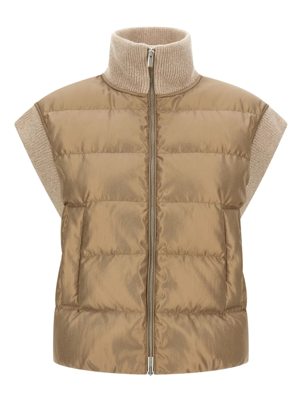 Peserico High Collar Sleeveless Quilted Ribbed Vest In Brown