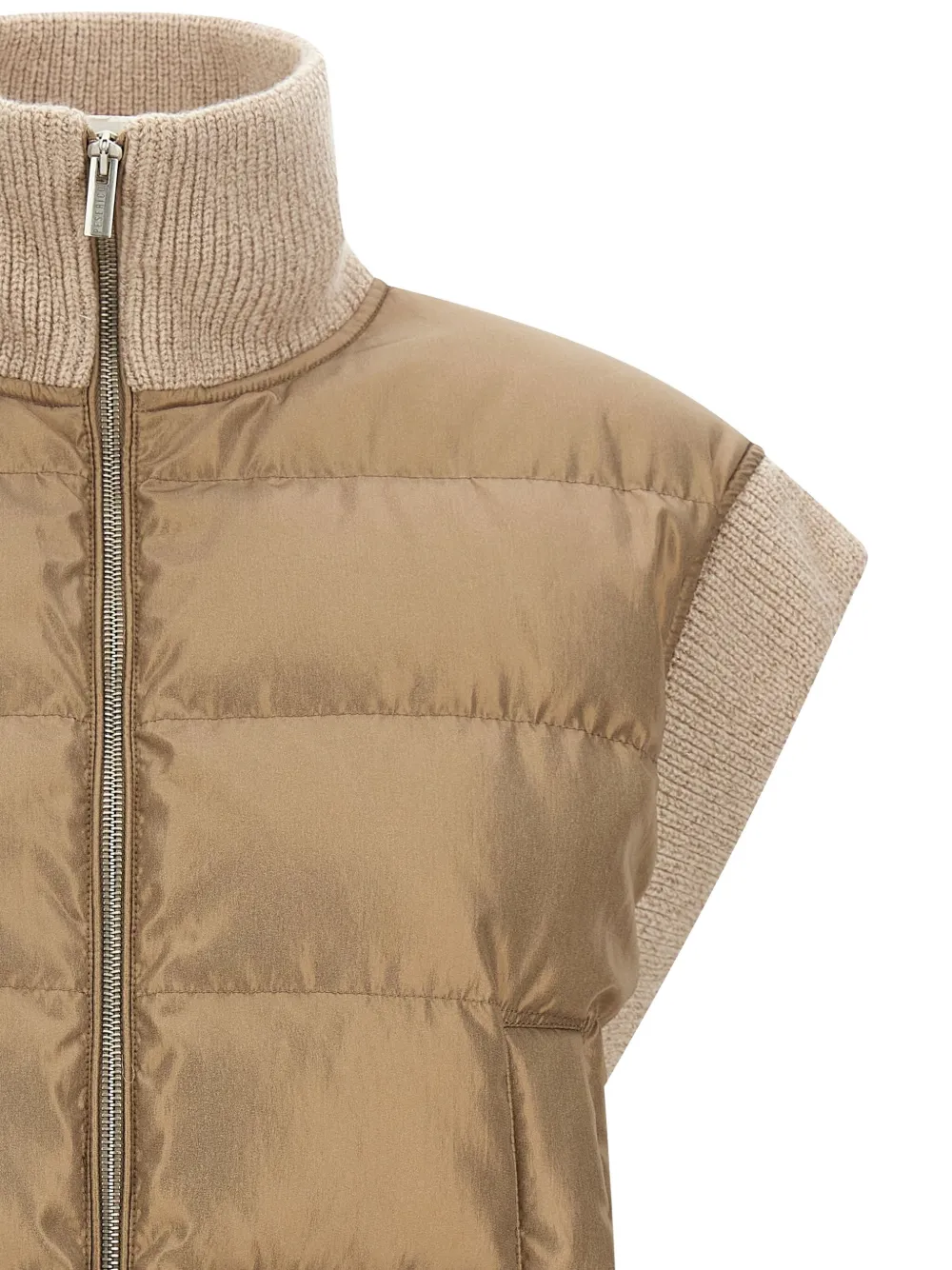 Peserico High Collar Sleeveless Quilted Ribbed Vest In Brown