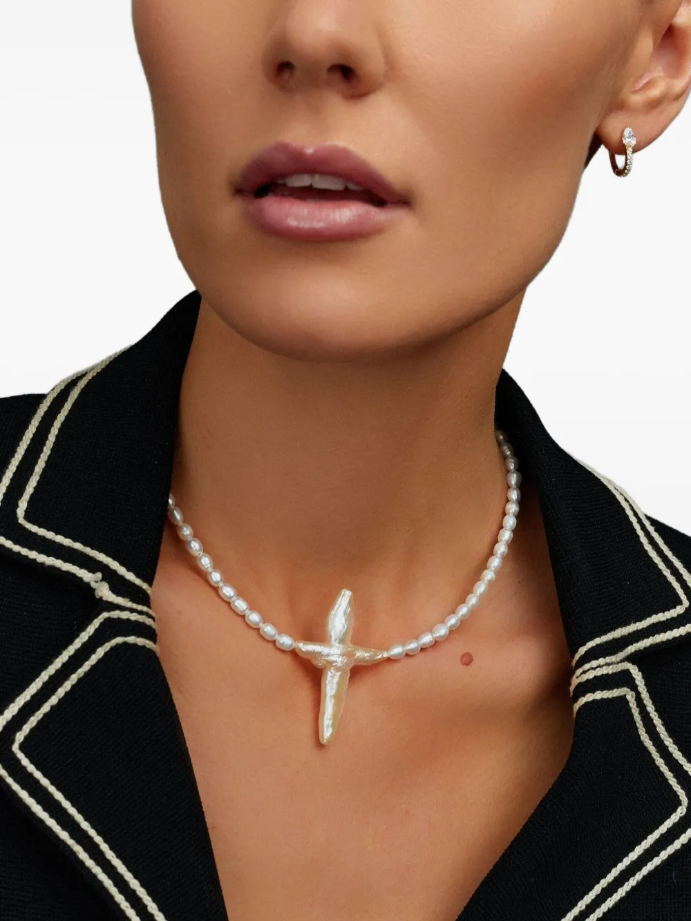 Nialaya Jewelry Pearl Cross choker necklace - Wit