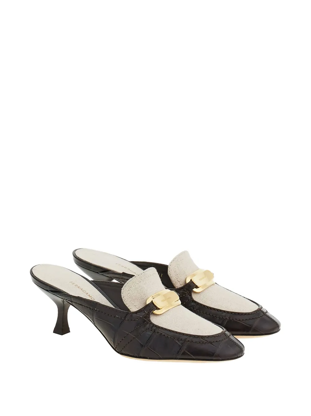 Ferragamo Crocodile-effect Mules In Neutral