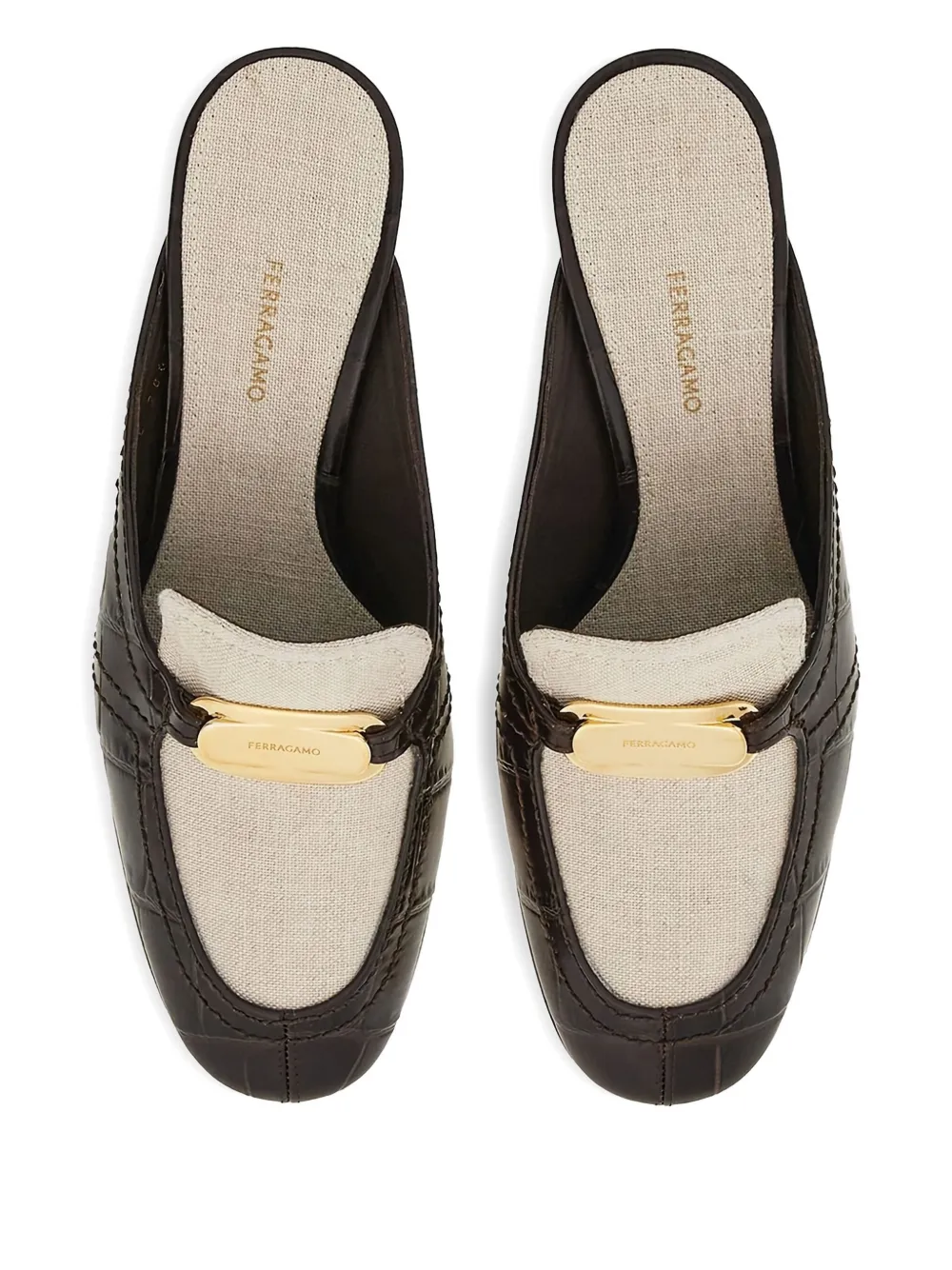 Ferragamo Crocodile-effect Mules In Neutral