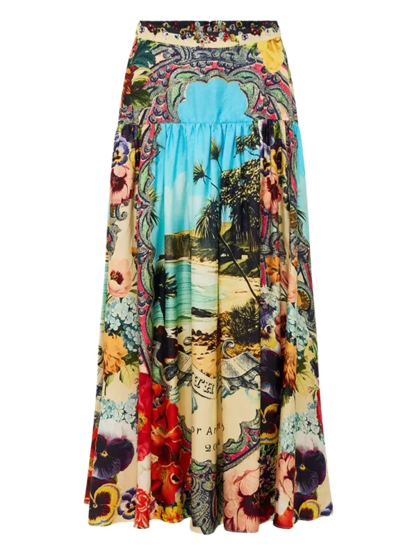 Camilla Floral-print Gathered Midi Skirt in Blue