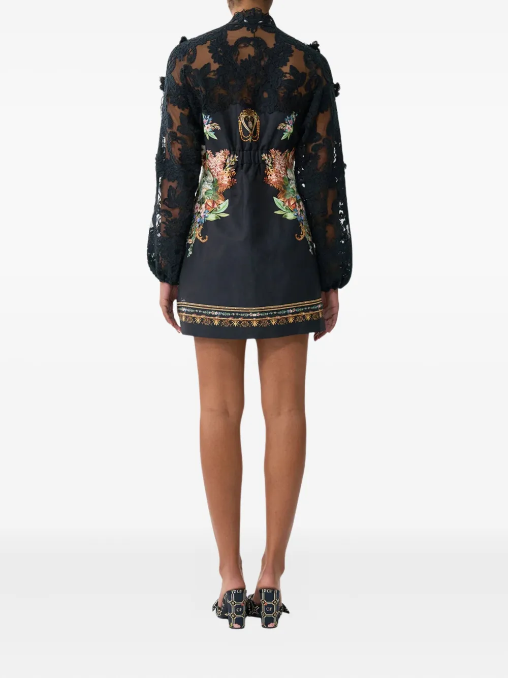 Camilla Mini-jurk met bloemenprint en kanten mouwen Zwart