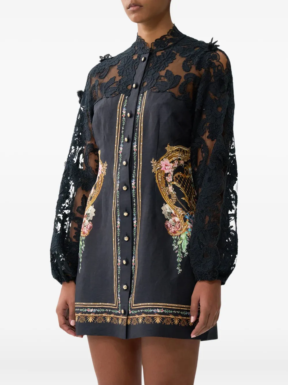 Camilla Mini-jurk met bloemenprint en kanten mouwen Zwart