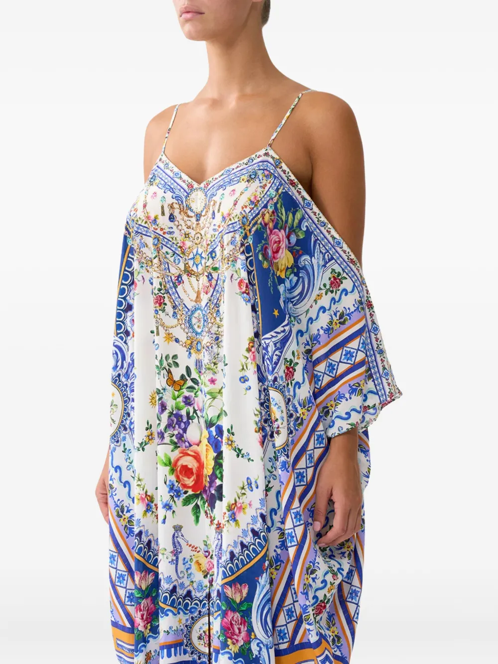 Camilla Floral-print Off-shoulder Kaftan Maxi Dress In Multi