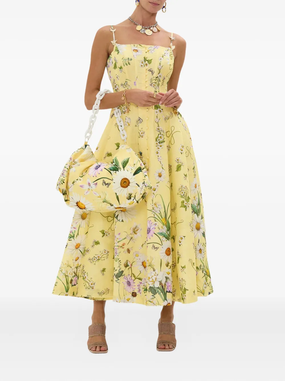 Camilla floral-print corset midi dress - Geel