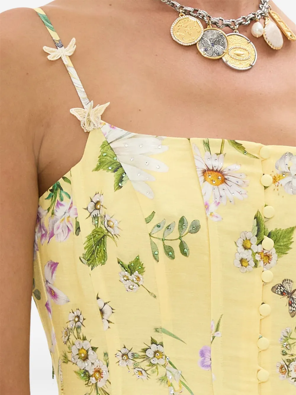 Camilla Midi-jurk met bloemenprint en korset design Geel