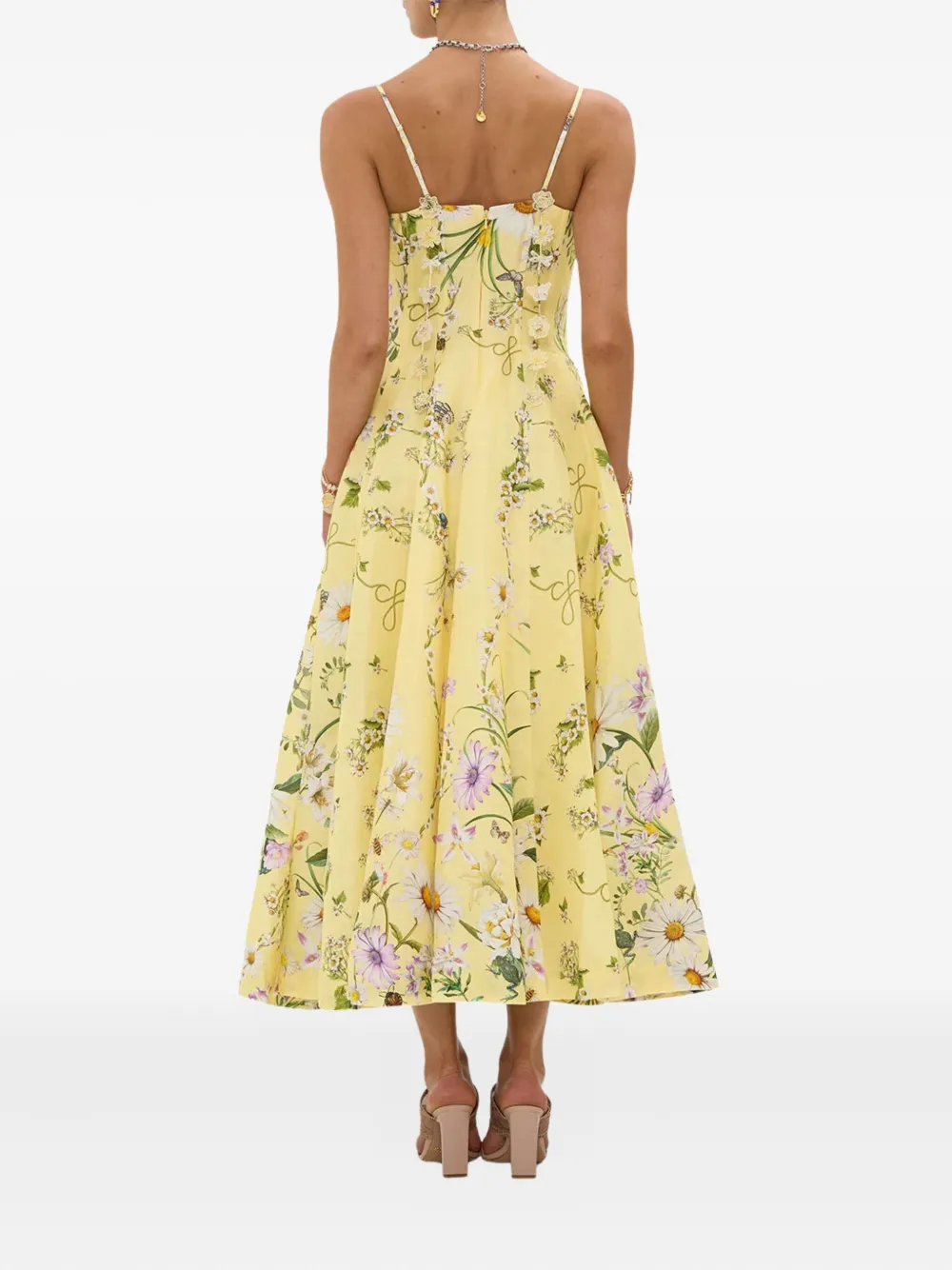 Camilla Midi-jurk met bloemenprint en korset design Geel