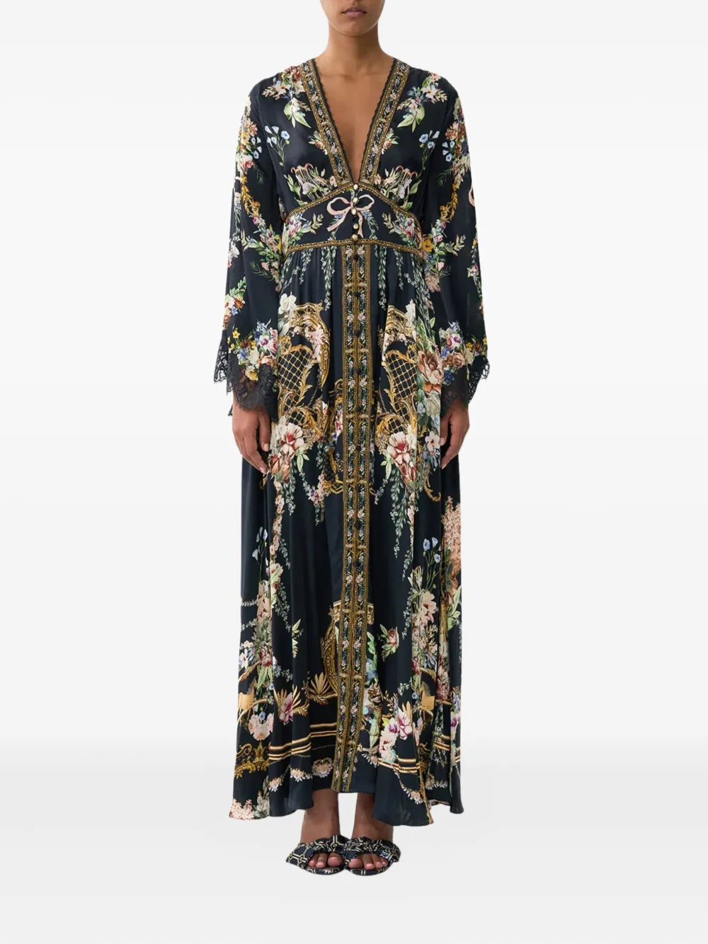 Camilla floral-print shirring detail dress - Zwart