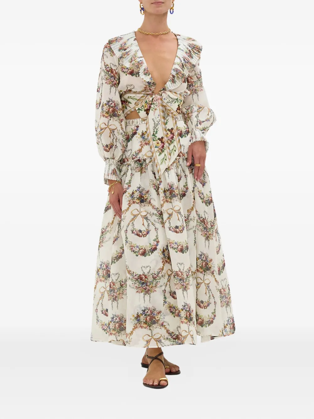Camilla floral-print tiered skirt - Beige
