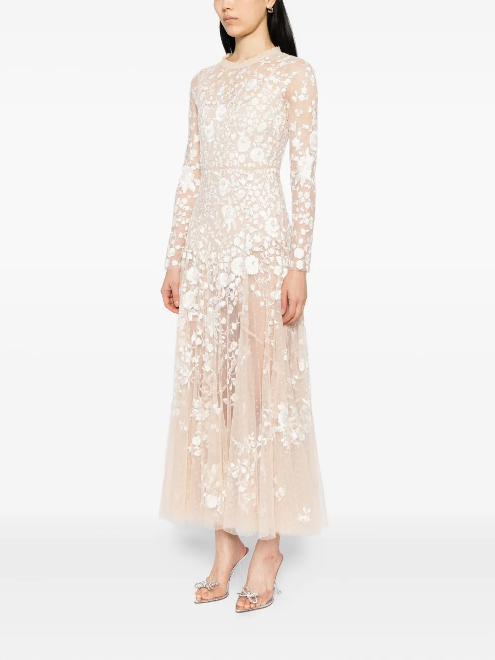 Needle & Thread Jurk met geborduurde bloemen Beige