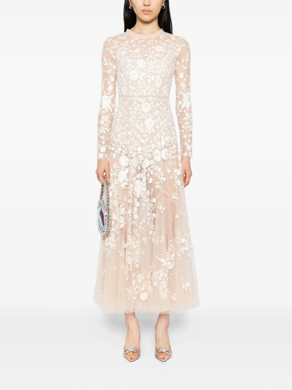 Needle & Thread Jurk met geborduurde bloemen - Beige