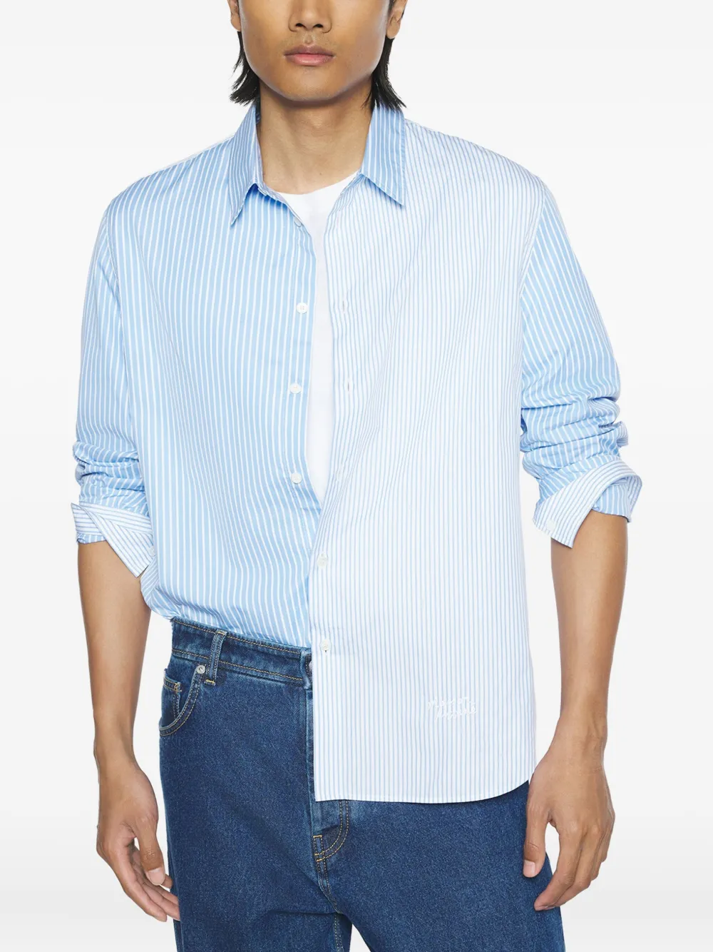 Maison Kitsuné Gestreept overhemd met borduurwerk Blauw