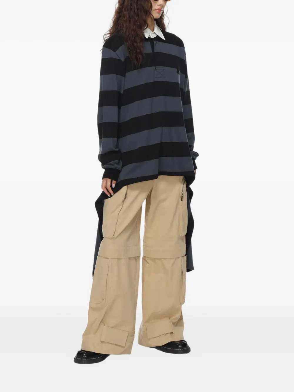 Open Yy Stripe-trimmed Asymmetrical-hem Shirt In Black