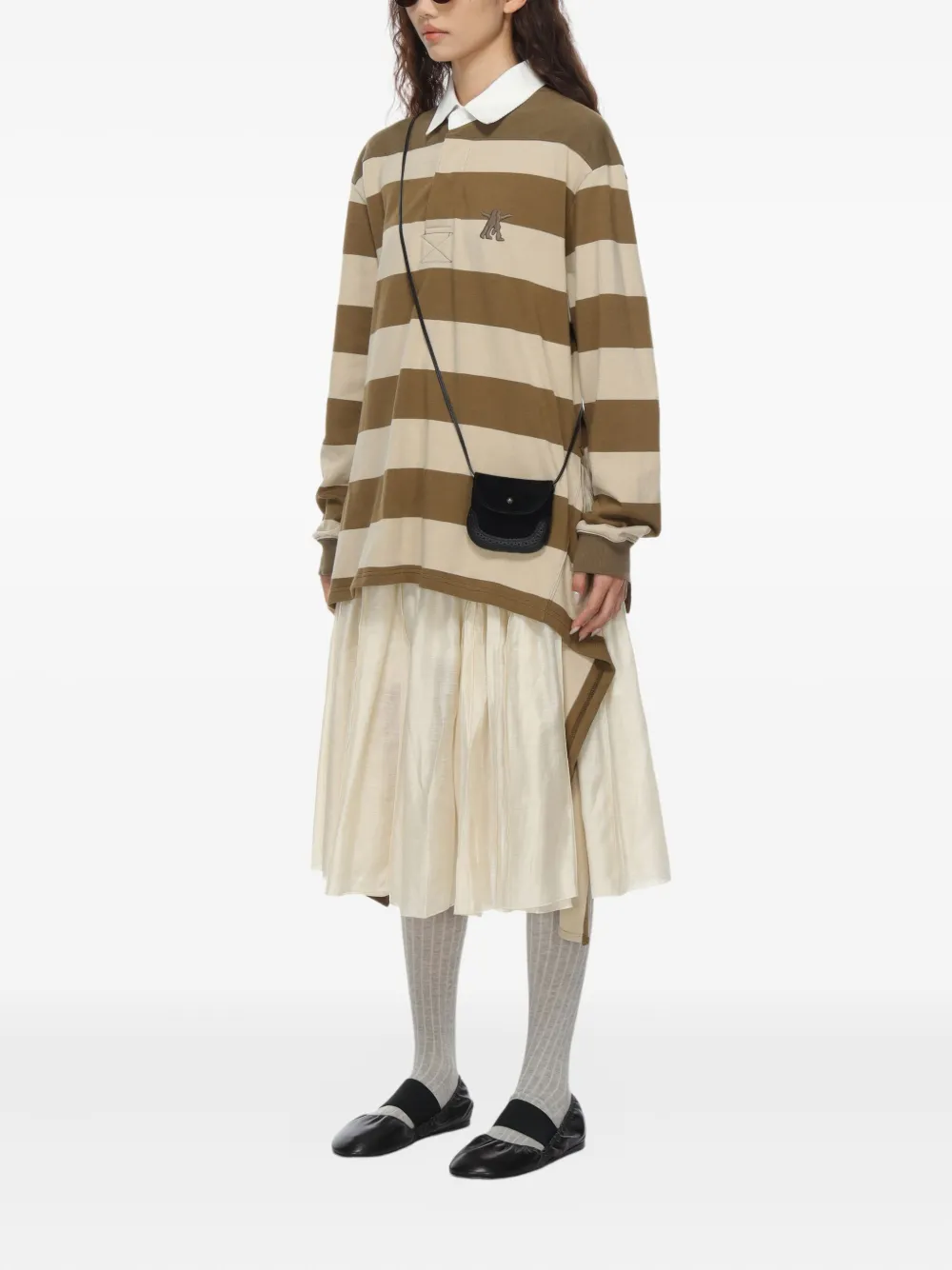 Open Yy Stripe-trimmed Asymmetrical-hem Shirt In Neutral