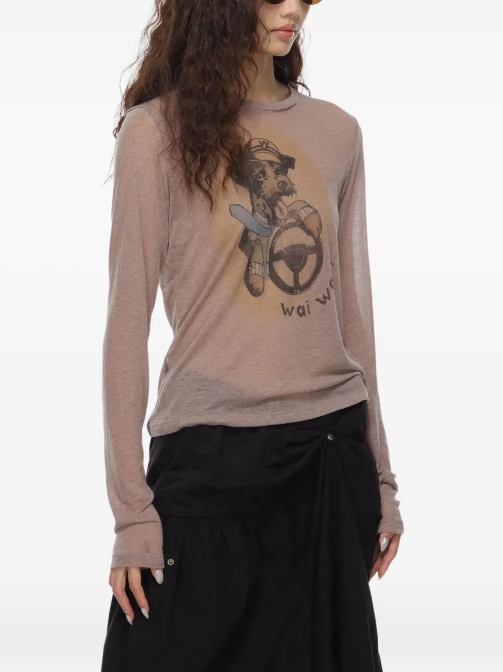 Open Yy Dog-print Long-sleeved T-shirt In Brown