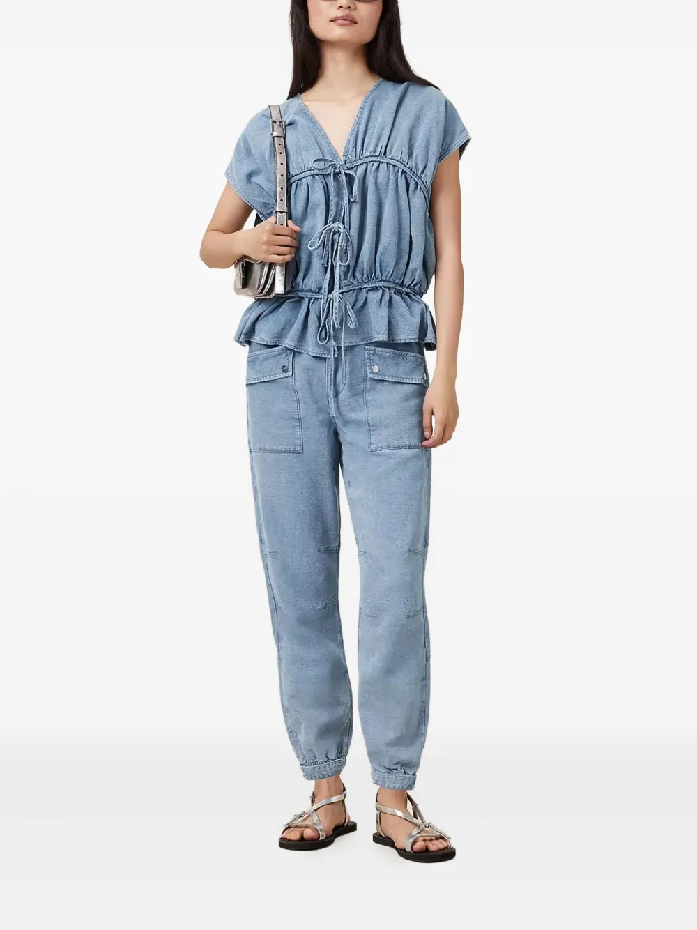 AllSaints Remy top met ruches en gestrikte voorkant - Blauw