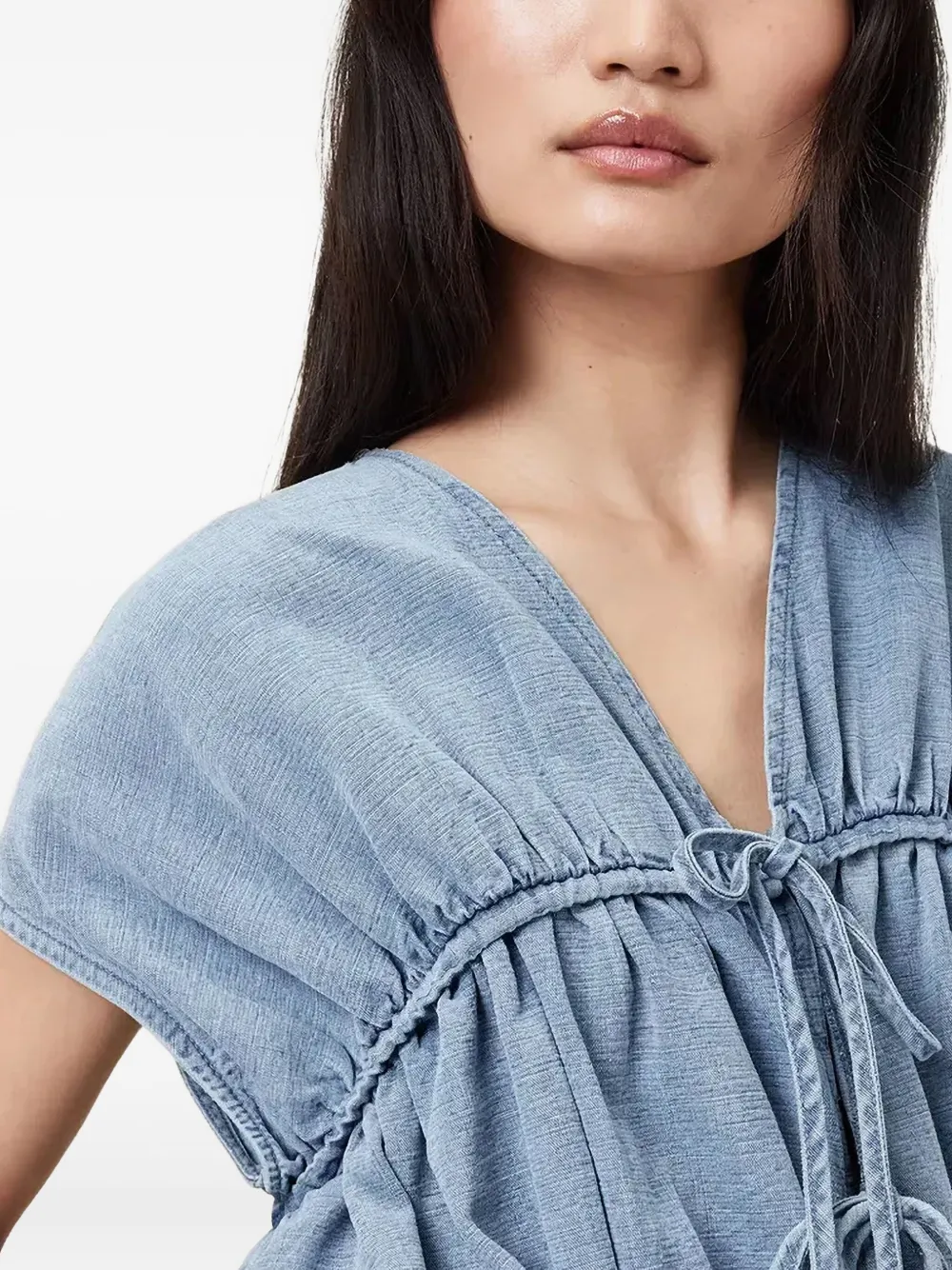 AllSaints Remy top met ruches en gestrikte voorkant Blauw