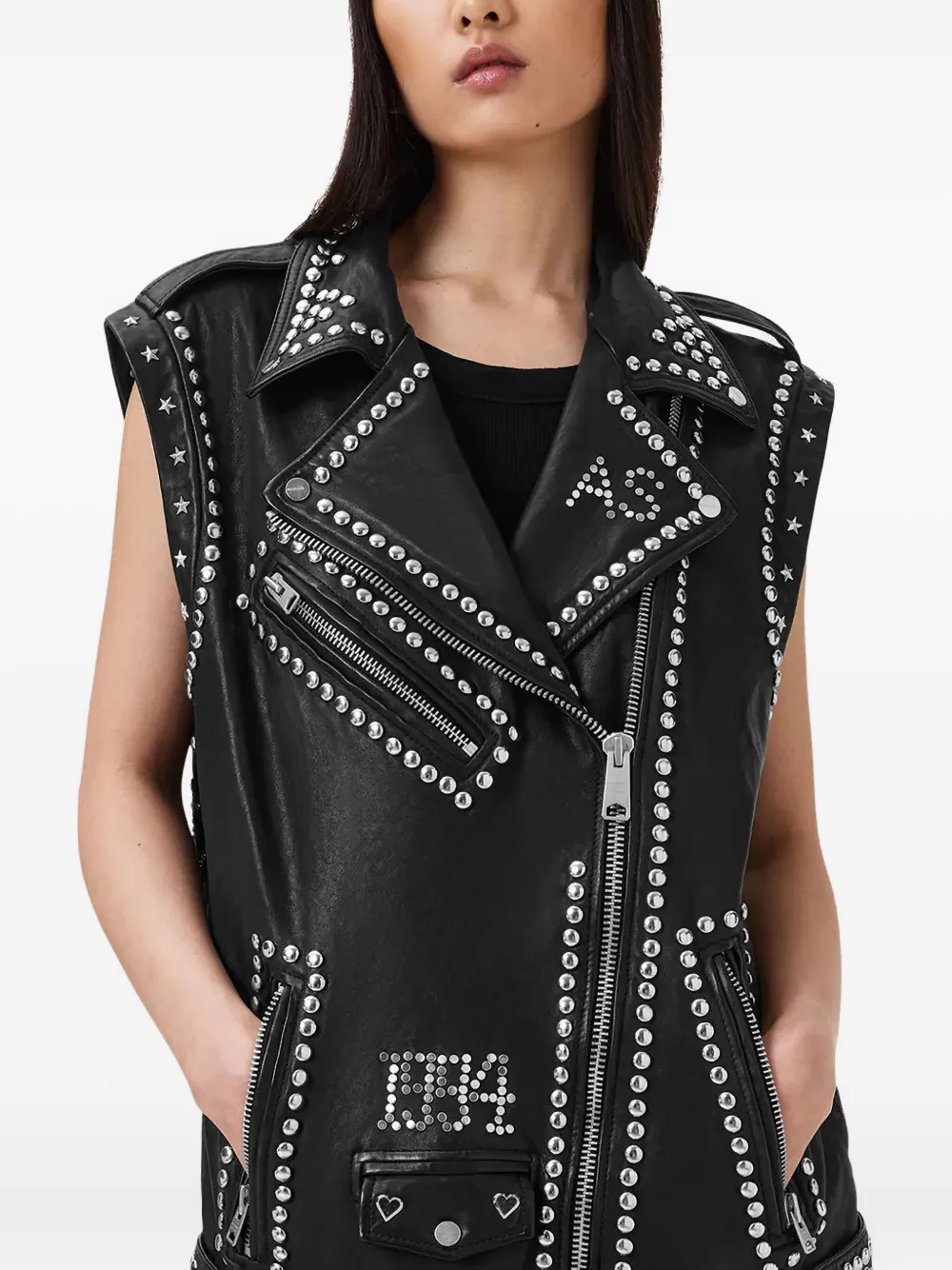 AllSaints Leren bikerjack met studs Zwart