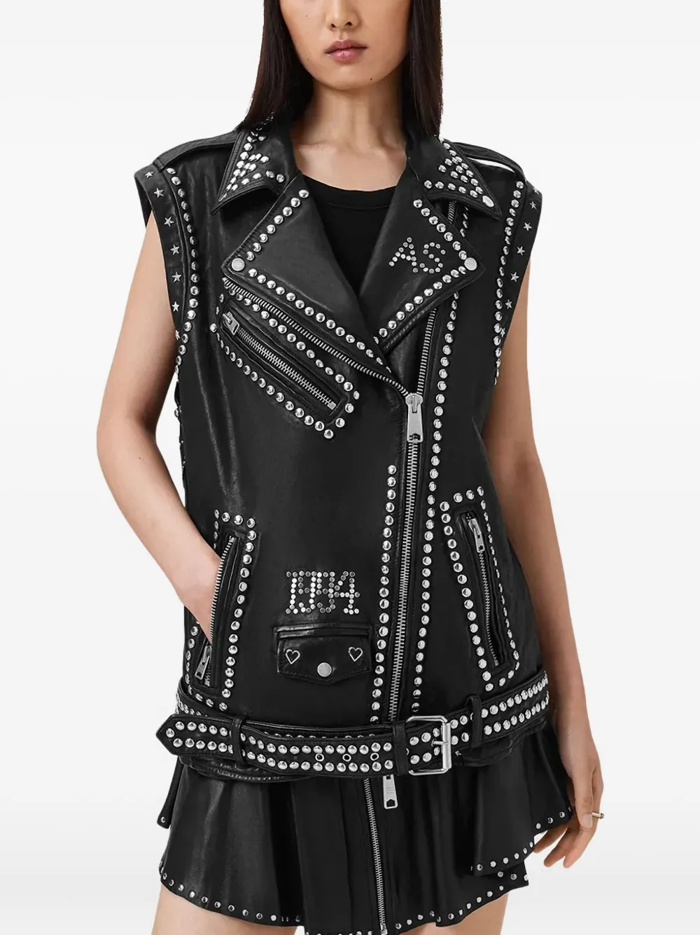 AllSaints Leren bikerjack met studs Zwart