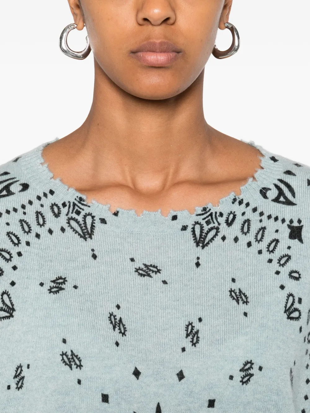 Kujten Bandana-print Frayed-edge Sweater In Blue