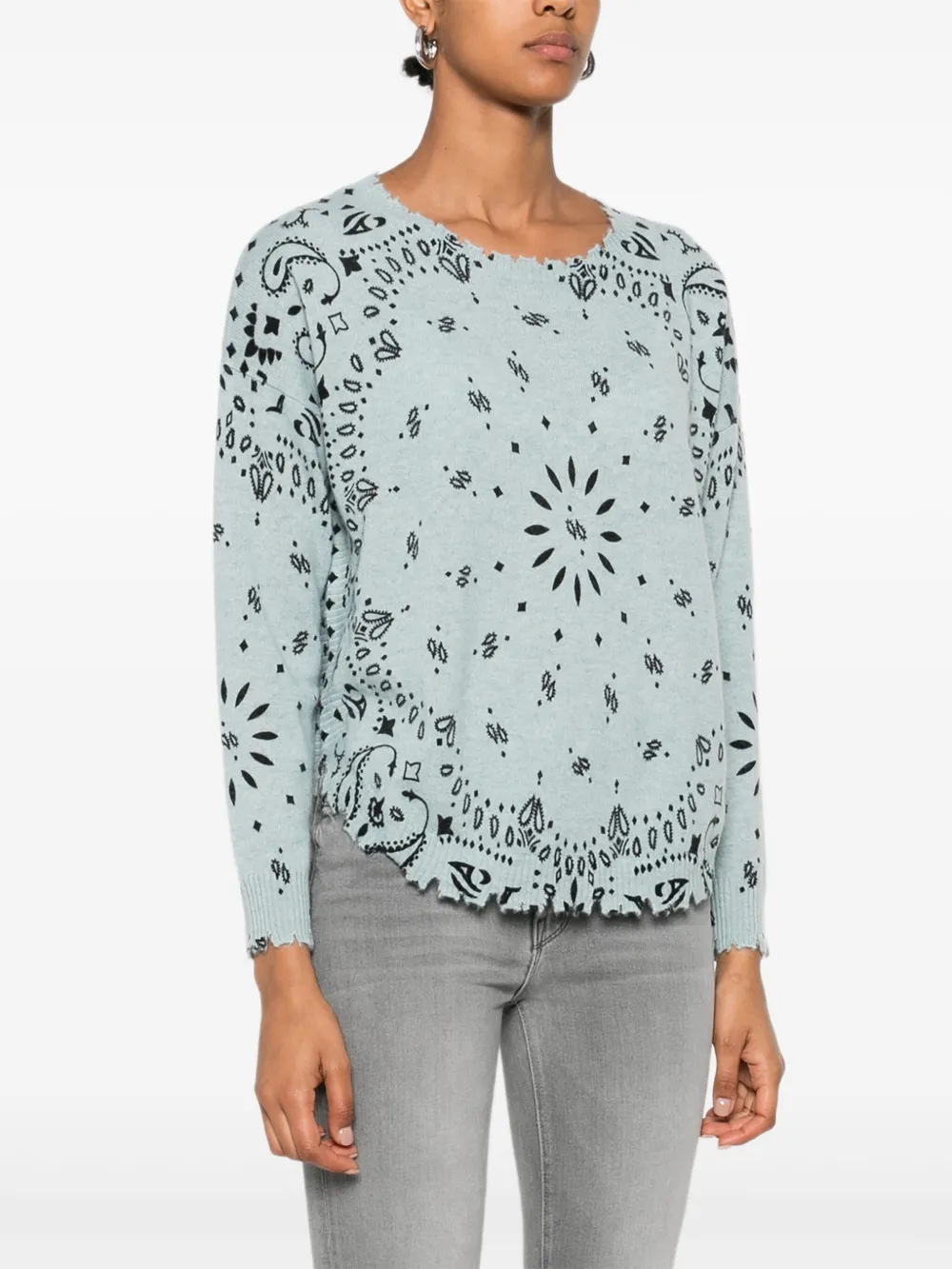 Kujten Bandana-print Frayed-edge Sweater In Blue