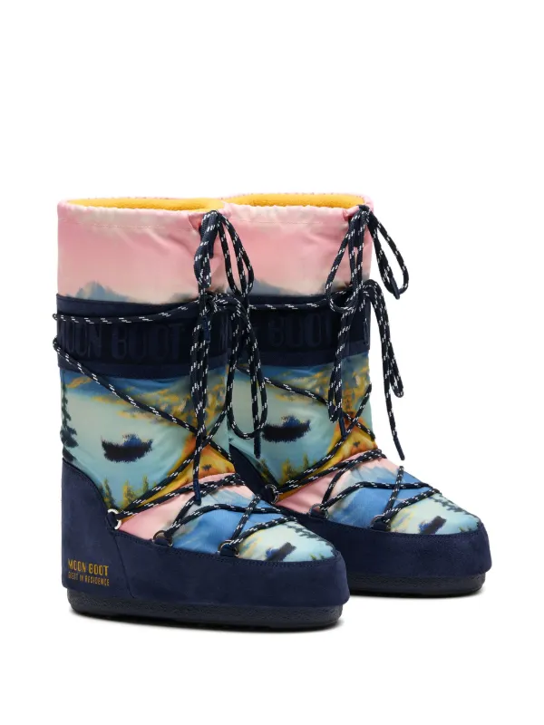 Moon Boot Icon Dragon landscape-print lace-up Boots | Blue | FARFETCH