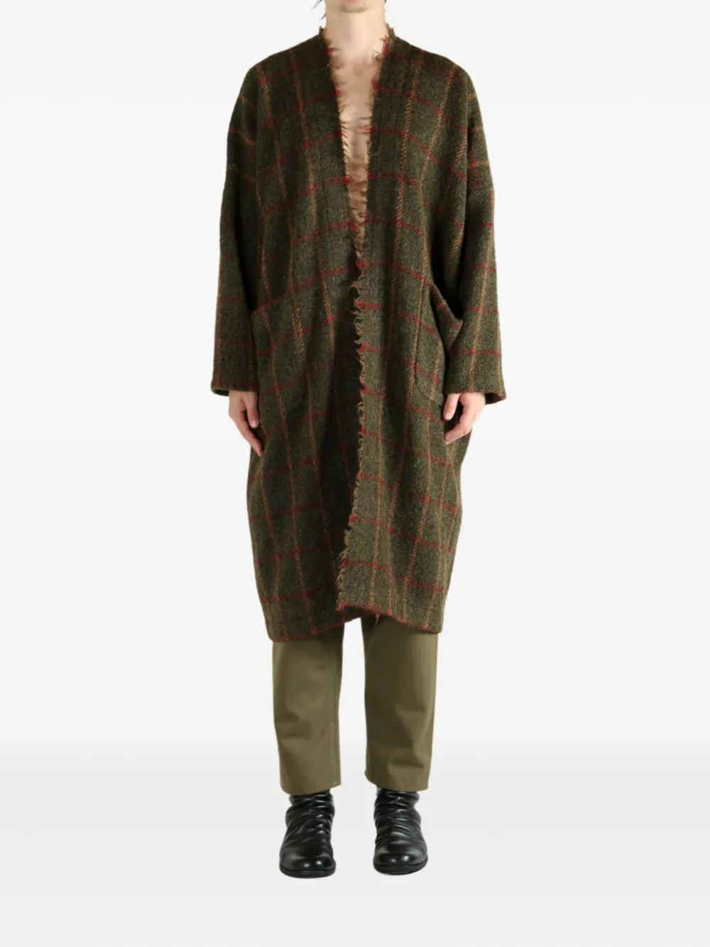 Uma Wang frayed check single-breasted coat Groen