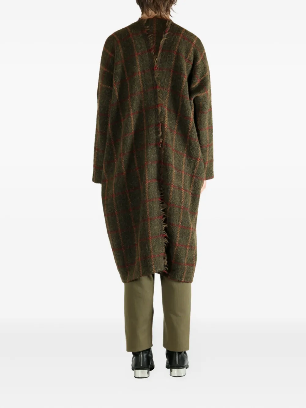 Uma Wang frayed check single-breasted coat Groen