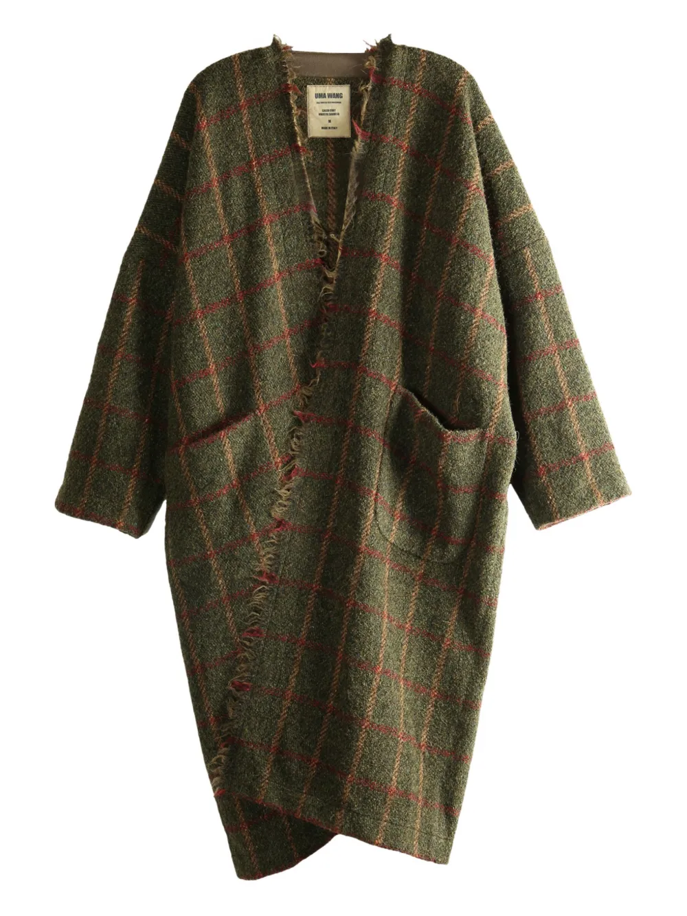 Uma Wang frayed check single-breasted coat Groen